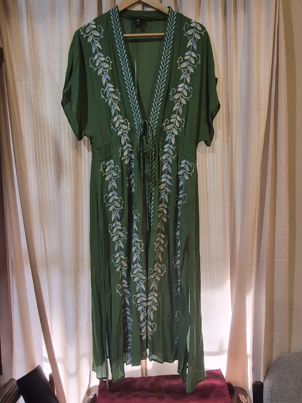 Curations Boho Green Embroidered Maxi Kimono Duster Tie Front Cover Up Dress M